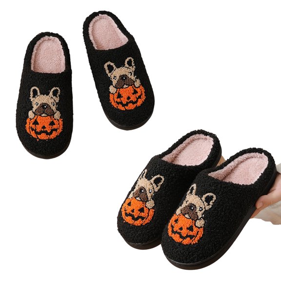 GrmtClth Autumn Winter Warm Fluffy House Slippers Halloween Cartoon Dog Pumpkin Print Slip On Anti-Skid Indoor Slipper For Ladies Black 44(US/10.5)