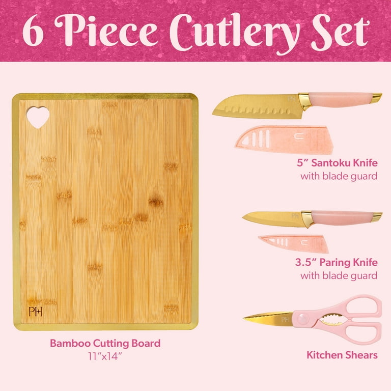 Paris Hilton 7-Piece Reversible Bamboo Heart Cutting Board and Stainless Steel Cutlery Set, Pink