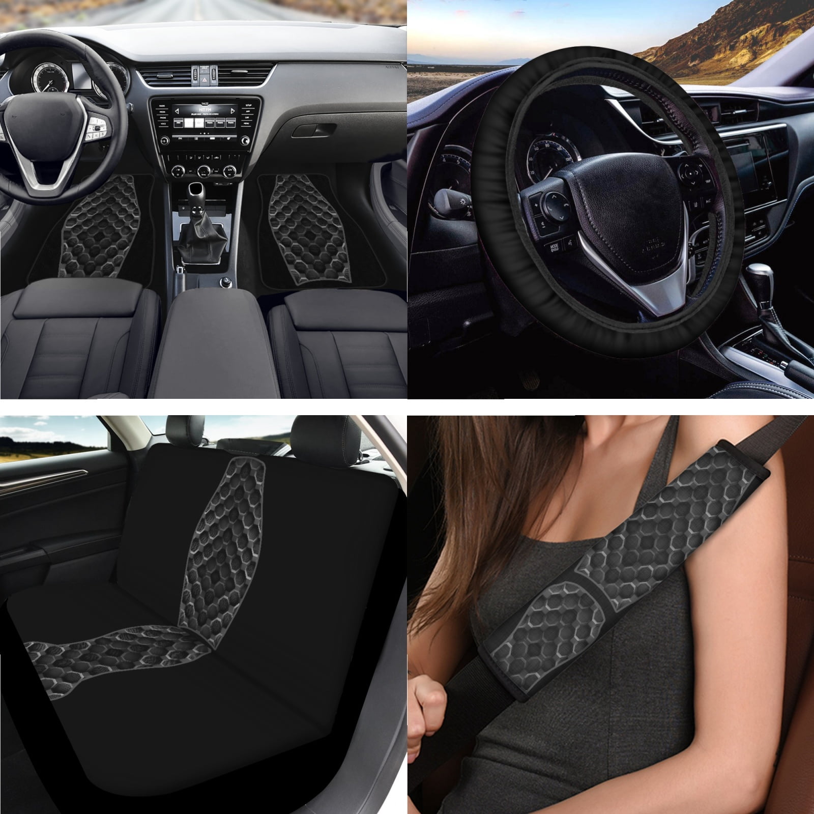 Jeiento Black Car Front Back Seat Covers Full Set of 17 with Car Floor Mats Auto Steering Wheel Cover Seatbelt Pads Car Armrest Cover Cup Coasters Keychains Lipstick Holder Universal Fit