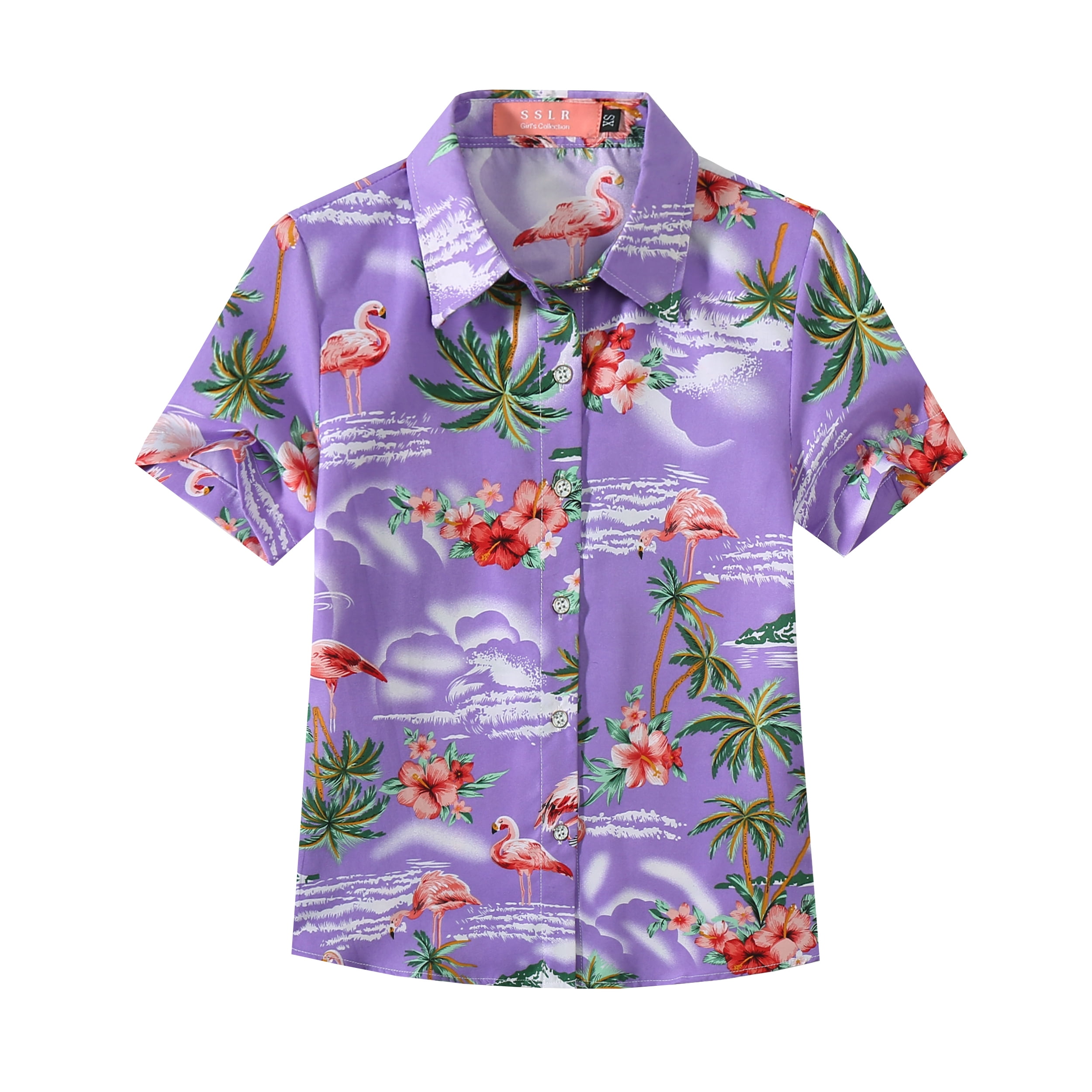 SSLR Youth Big Girls Flamingo Hawaiian Shirt Casual Short Sleeve Button ...