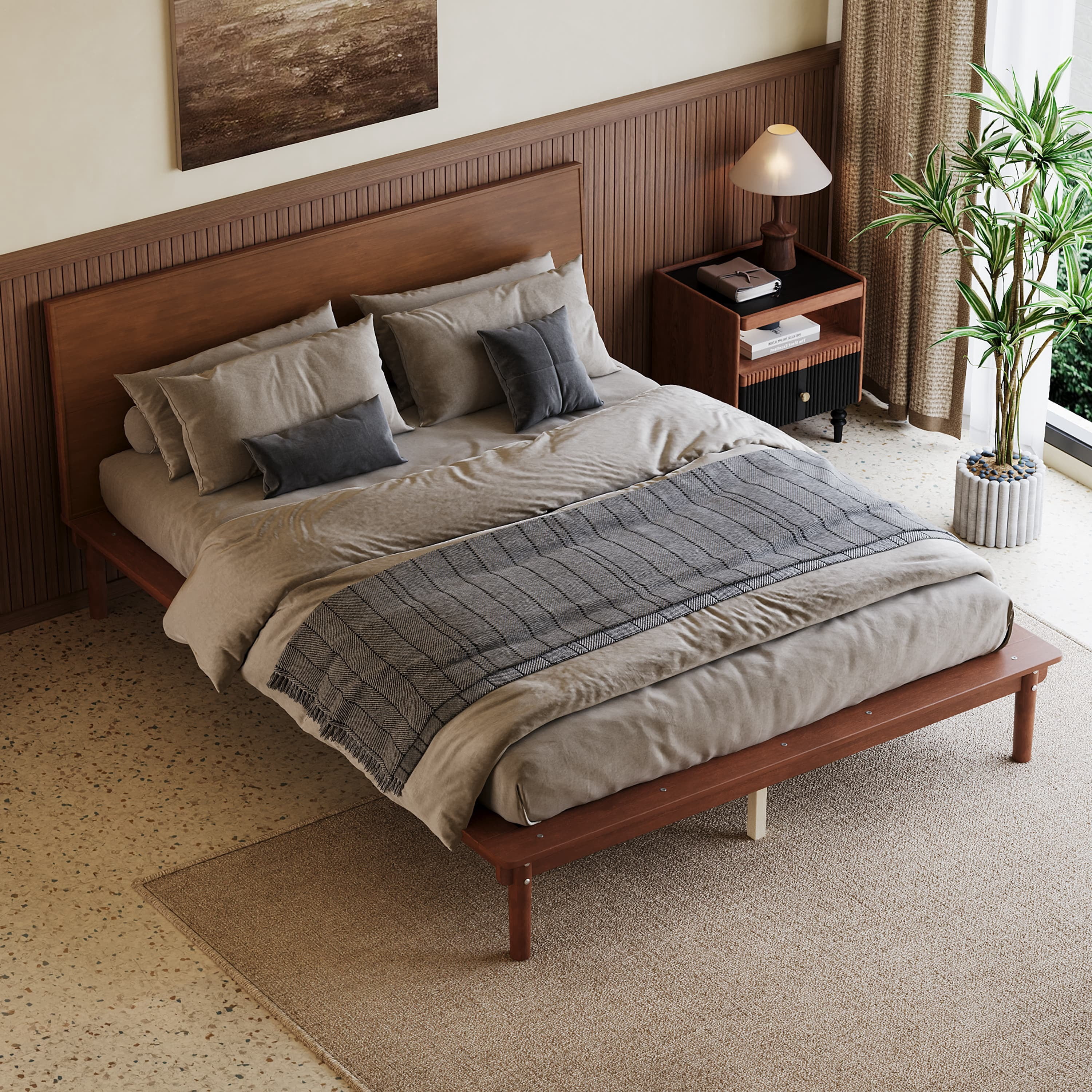 Euroco Wood Mid-Century Queen Bed, Low Profile Platform Bed Frame with Subtly Angled Headboard, Widened Side Rails, No Box Spring Needed, Walnut