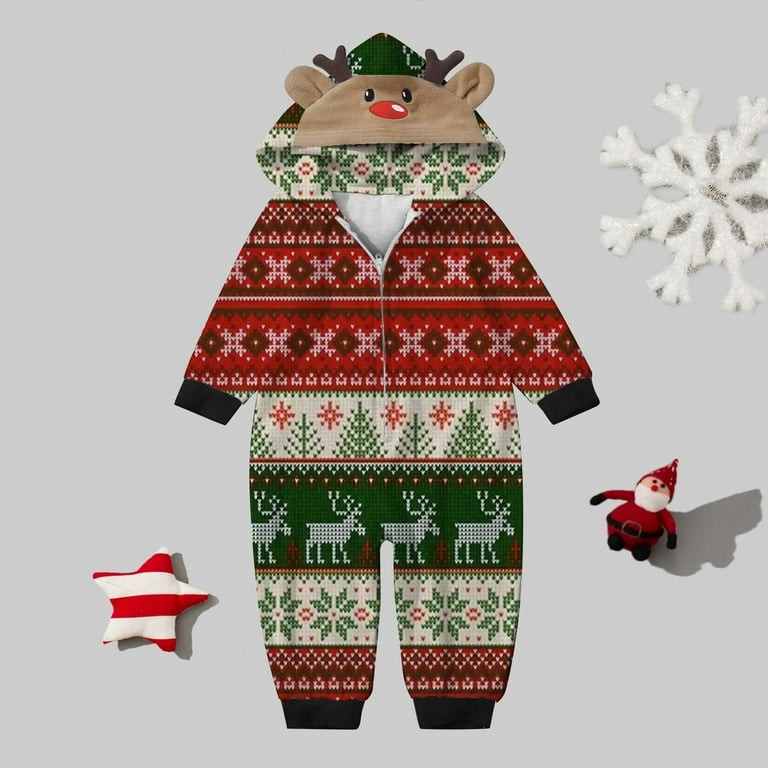 Hwmodou Christmas Family Matching Pajamas Set Reindeer Print Casual Print Pyjamas Cos Romper Loungewear Deer Head Hooded Romper Holiday Santa Claus