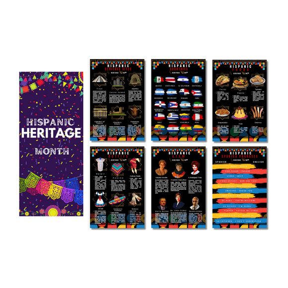 7-PCS Hispanic Heritage Month Poster and Banner Educational Classroom Décor Featuring Hispanic STEM Leaders, Traditional Foods, Outfits, Countries, Heritage Sites & Spanish Phrases