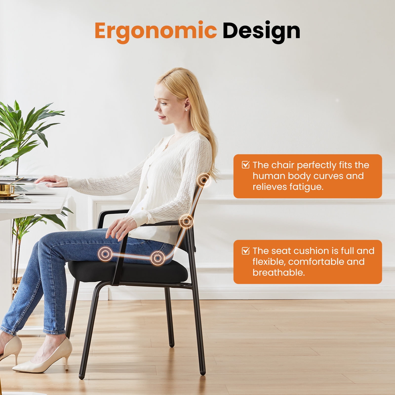 MAYEERTY 2 Pack Stacking Arm Chairs, Guest Reception Chairs, Ergonomic Office Chair with Armrests, Black
