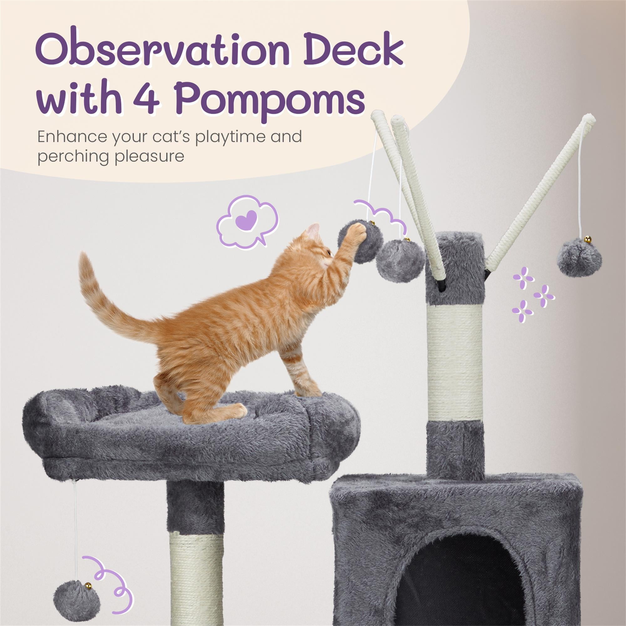 Kadyn 58" Cat Tree Tower for Indoor Cats, Cat House with Padded Platform Bed, Toy Balls, Large Cozy Condo, Hammocks and Sisal Scratching Posts, Dark Gray
