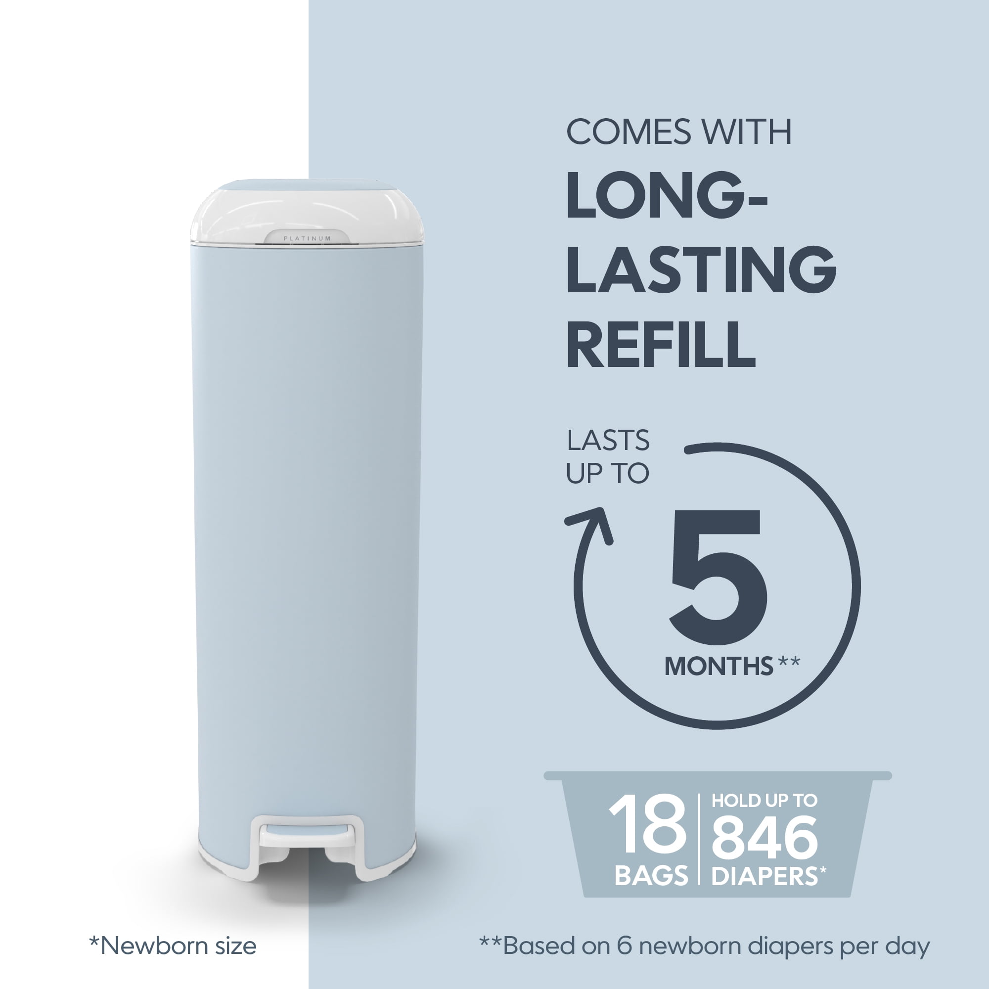 Diaper Genie Platinum Pail,Glacial Blue,Stainless Steel,1 Diaper Pail, 1 EasyRoll 18 Bags