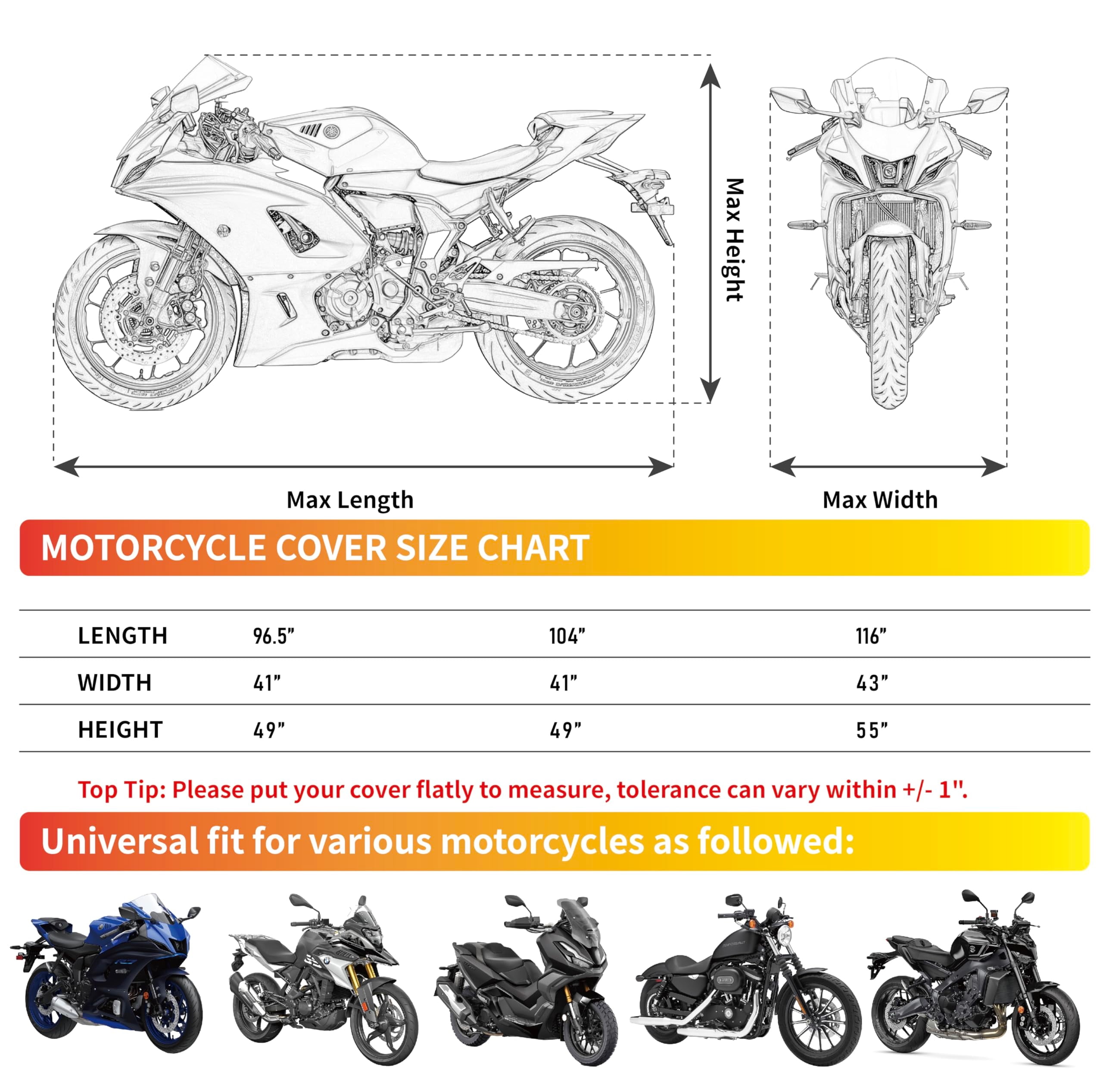 Motorcycle Cover Waterproof Outdoor Universal Heavy Duty Weather Durable Quality Waterproof Sun Outdoor Protection Scooter Shelter Tear Proof Fits up to 104" Motorcycles Bike Vehicle