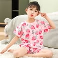 thumbnail image 1 of Volkmi Ensemble de Vêtements d'Intérieur pour Enfants en Coton, 2 Pcs, Filet de Dessin Animé, Manches Courtes, Col Rond, Fraise, 130 cm (Hauteur Recommandée + 10 cm shot), 1 of 15