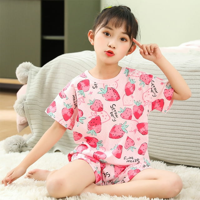 Volkmi 2 Pcs de Vêtements de Maison en Coton pour Enfants, Filet à Manches Courtes, Col Rond, Ensemble pour Petite Fille 140CM (Hauteur Recommandée +10CM)