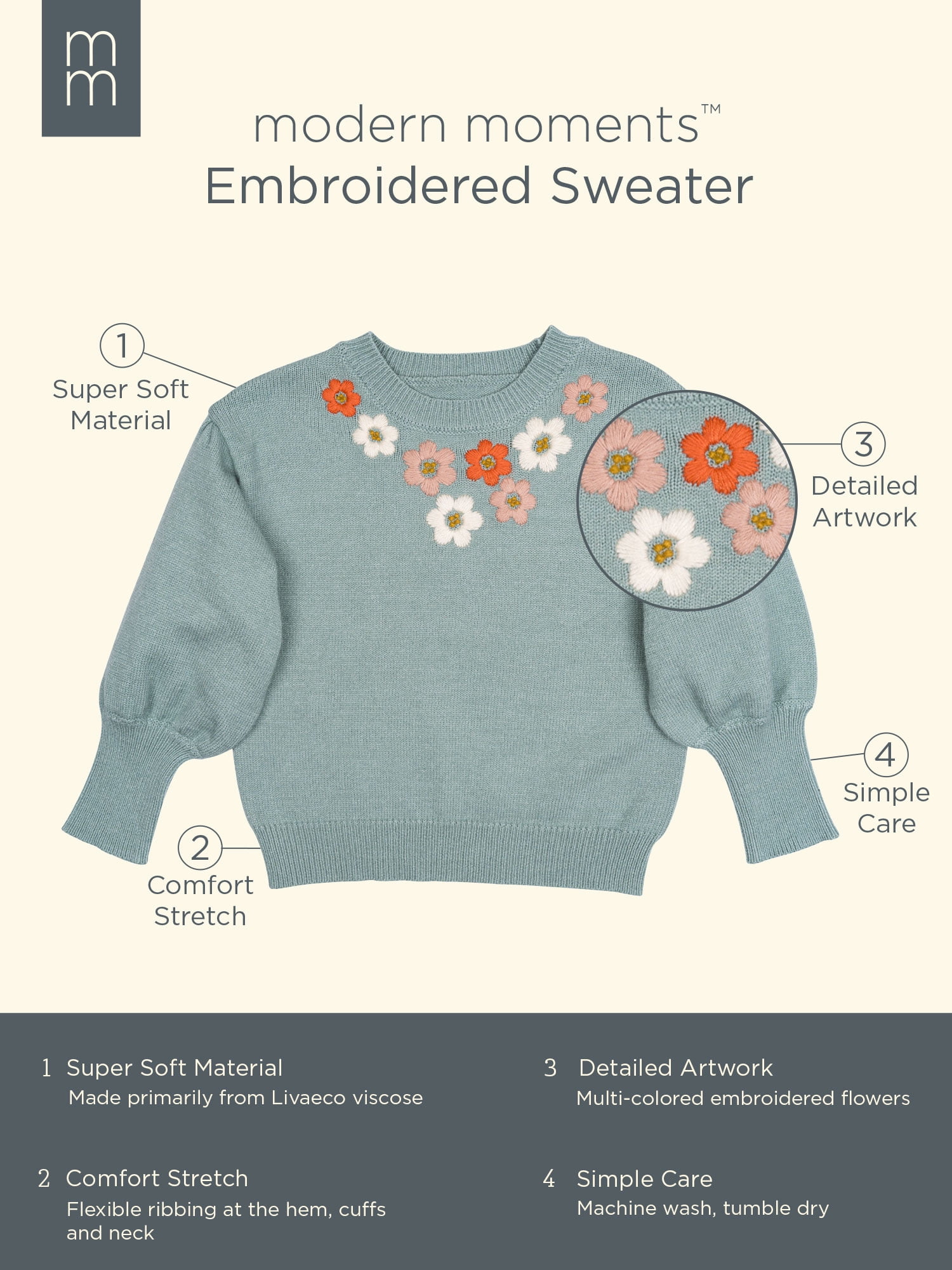 Modern Moments by Gerber Toddler Girl Sweater with Embroidery, Sizes 12 Months - 5T