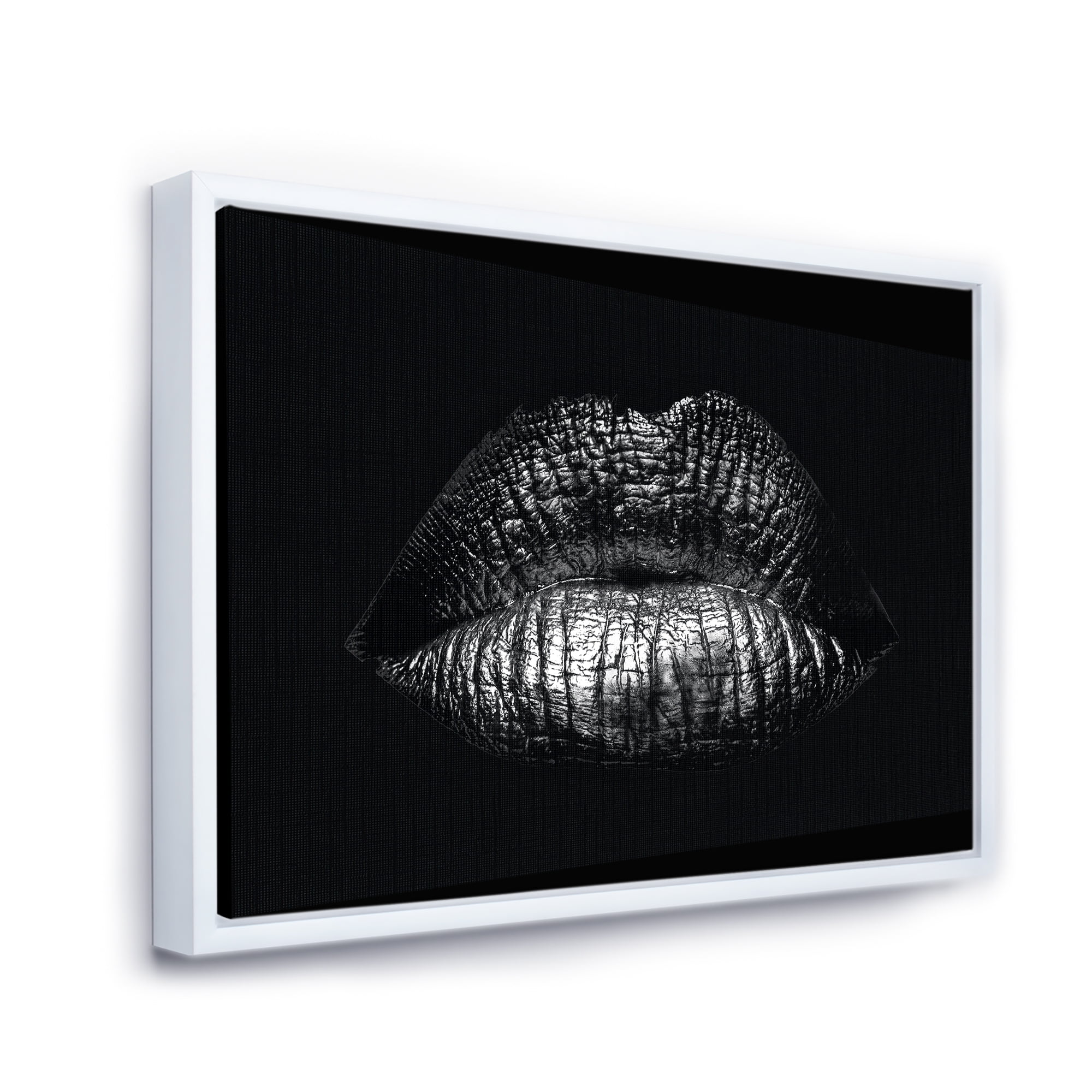 Designart 'Sexy Golden Metallized Woman Lips I' Modern Framed Canvas Wall Art Print