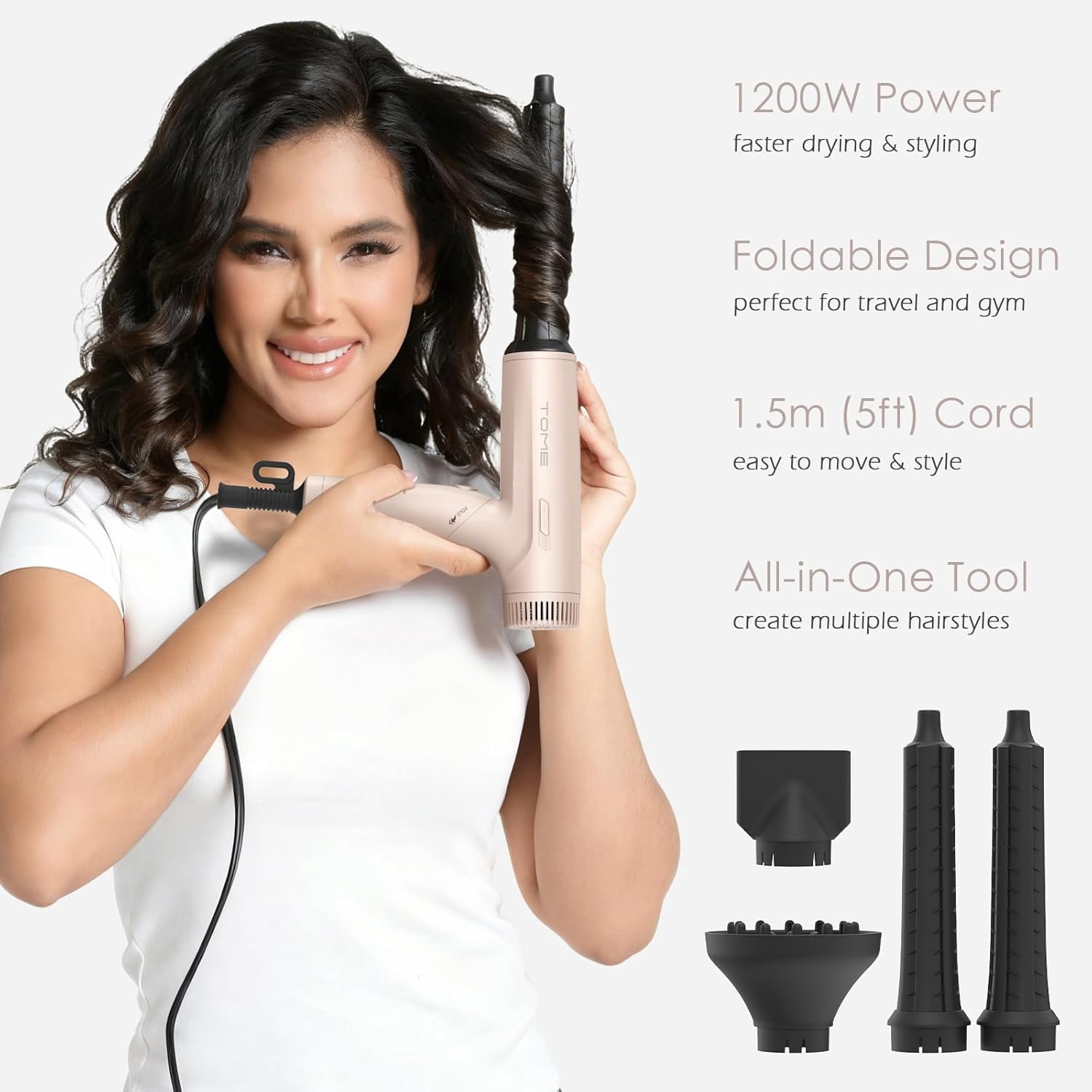 TOME Hair Dryer with Diffuser,Dual Voltage Travel Blow Dryer 1200W Air Curling Wands Nozzle with Universal Power Adapter