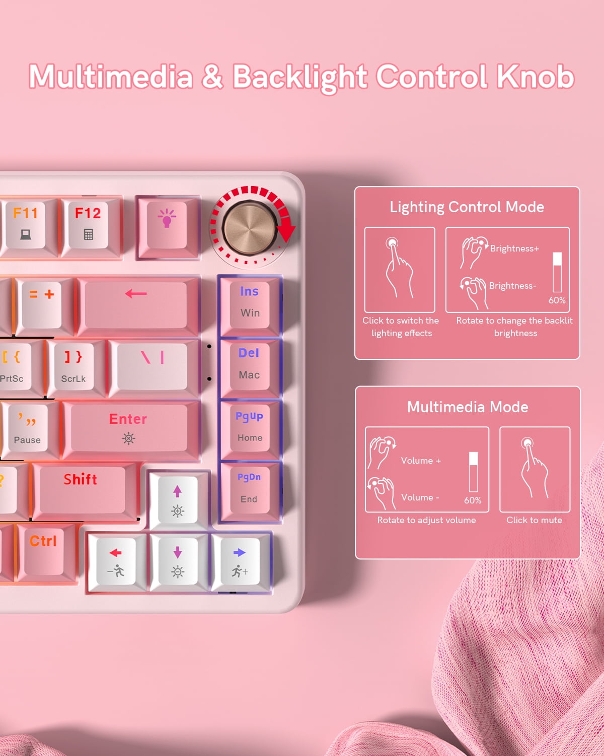 COSTOM VK75 Wired Mechanical Keyboard with Multi-Function Knob, 75% Gaming Keyboard Gasket Mounted, Hot Swappable, Creamy Sound, Cherry Profile, PBT Keycaps, Pink