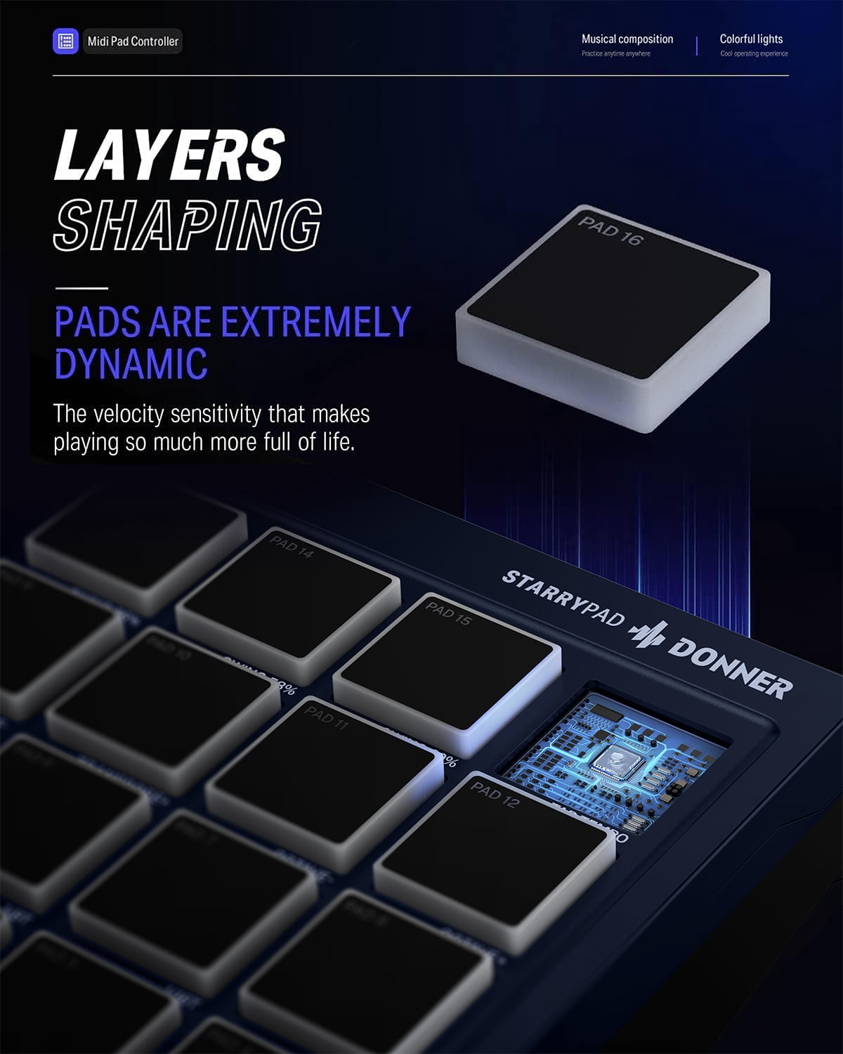 Donner STARRYPAD Professional MIDI Pad Beat Maker Machine with 16 Beat Pads, Melodics Lessons, Navy Blue