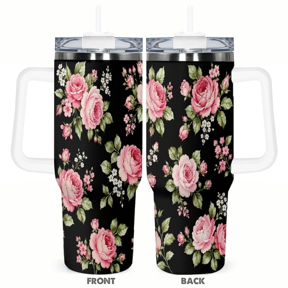 40oz Pink Rose Floral Travel Tumbler Insulated Car Cup with Handle Straw Stainless Steel Large Capacity Coffee Cup Elegant Flower Gift