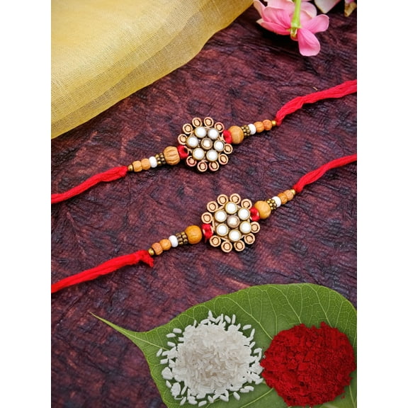 Crunchy Fashion Fancy Round Floral Rakhi Set- Pack of 2 with Roli Chawal Tilak Raksha Bandhan Handmade Bracelet for Bhaiya Rakhi Bracelet Combo Set