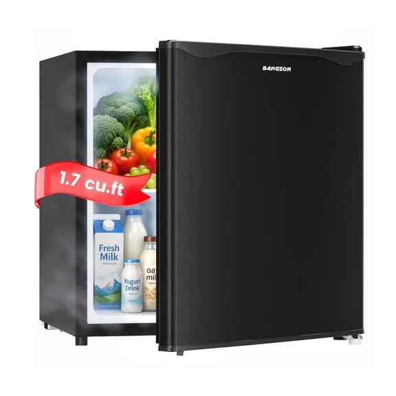 BANGSON 1.7 Cu.Ft Compact Refrigerator with Freezer, Energy Saving & Low Noise Mini Fridge for Office, Dorm, Bedroom - Adjustable Temp, Reversible Door, Black