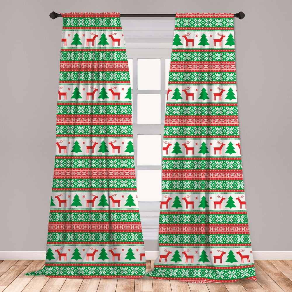 Christmas Curtains 2 Panels Set, Knit Style Graphic Reindeer Star and