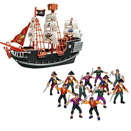 Wish Novelty- 10in Toy Pirate Ship with 12 Plastic Pirate Action Figures-Toy Playset- Perfect Gift for