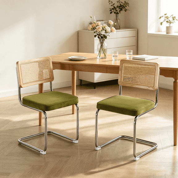 Set of 2 Velvet Dining Chairs with Natural Rattan Back & Stainless Chrome Base Home Kitchen Dining Room Chairs Accent Side Chairs