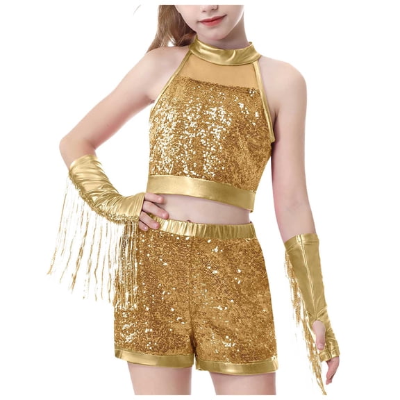 ASEIDFNSA Girl Summer Outfits Light Sequin Glitter Sleeveless Top and Shorts with Gloves Kids Trendy Clothes 3-4 Years