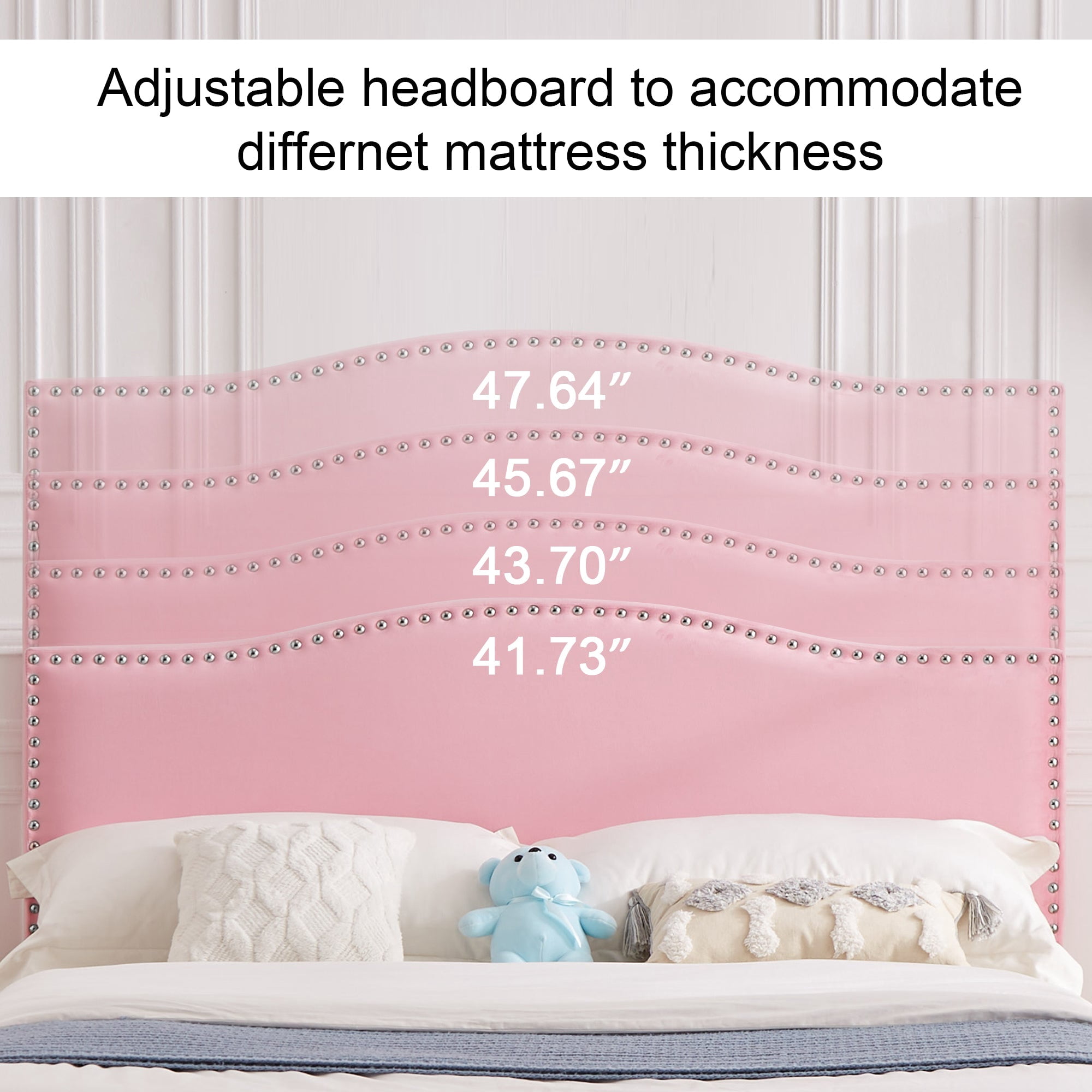 VECELO Queen Bed Frame, Nailhead Trim Upholstered Platform Bed with Adjustable Headboard, Wooden Slats Support/No Box Spring Needed, Pink