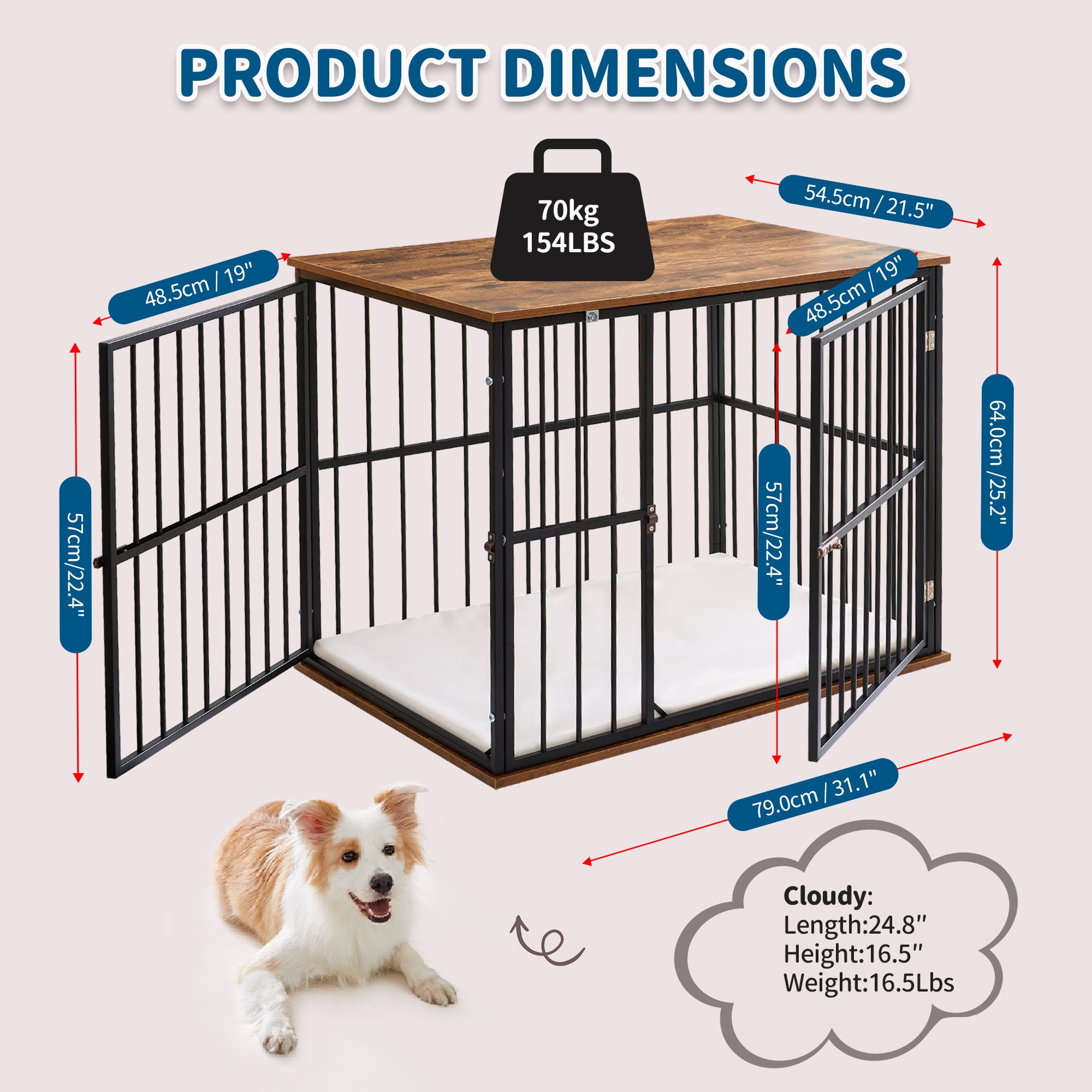 Made4Pets Medium Wooden Dog Crate Furniture with Washable Cushion for Dogs