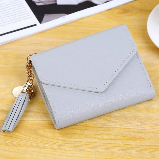 Cartera delgada plegable de piel sintética con tarjetero para compras, color gris