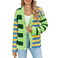 thumbnail image 3 of Womens Striped Cardigan Sweaters V Neck Open Front Button Up Color Block Fuzzy Loose Knit Coats Green & Yellow S, 3 of 8