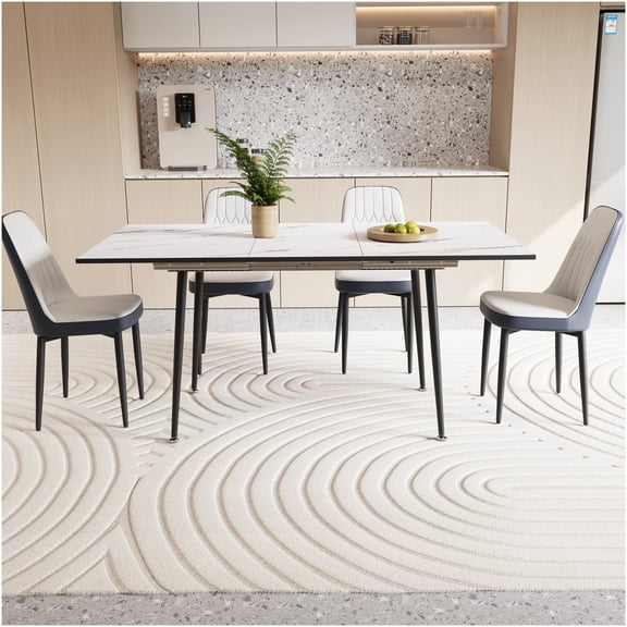 Expandable Dining Table Set for 6 with PU Cushioned Chairs, Black White MDF Kitchen Table Set with Black Metal Legs