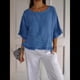 thumbnail image 4 of Blusa de Algodón y con Cuello Redondo, Dobladillo con Volantes y Corta, Color Liso, para Mujer. Azul M, 4 of 7