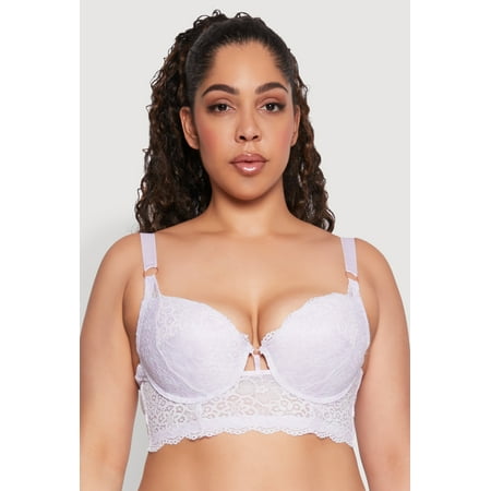 Womens Plus Size Floral Lace Caged Front Plunge Longline Bra
