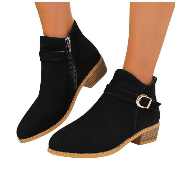 Rokment Women's Dress Boots 2025 Fall Winter Buckles Suede Pointed Toe Chunky Low Heel Zip up Short Ankle Booties for Ladies Business Work Black Size 6.5
