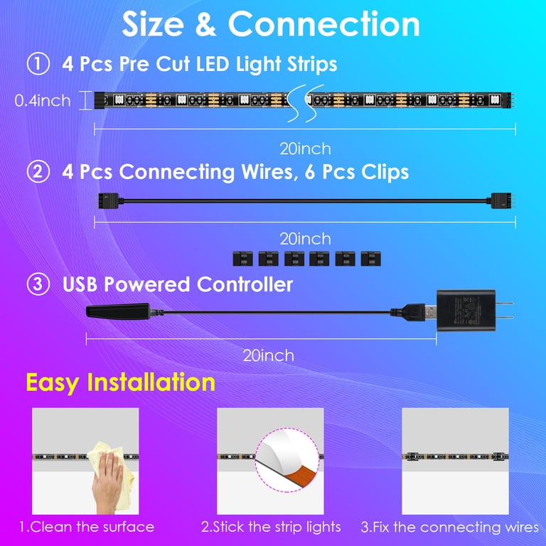 Under Cabinet LED Lighting Kit – 8 Flexible Color Changing Strip Lights, 13ft, APP & RF Remote & 3-Key Control, Music Sync, USB Powered, For Bookshelves, Counters, Showcases