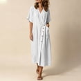 thumbnail image 5 of Bxsruta Women's Wrap V Neck Midi Dress Button Front Short Sleeve Loose Fit Casual Faux Linen Summer Dress Breathable Lightweight Versatile Everyday Flattering, 5 of 8