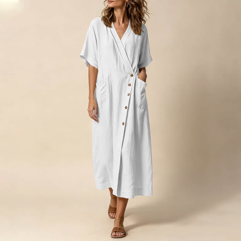 Hinvhai Women's Cotton Linen Blend Midi Dress V-Neck Short Sleeve Button-Down Casual Solid Color Loose Tunic Dress with Pockets for Summer Daily Wear