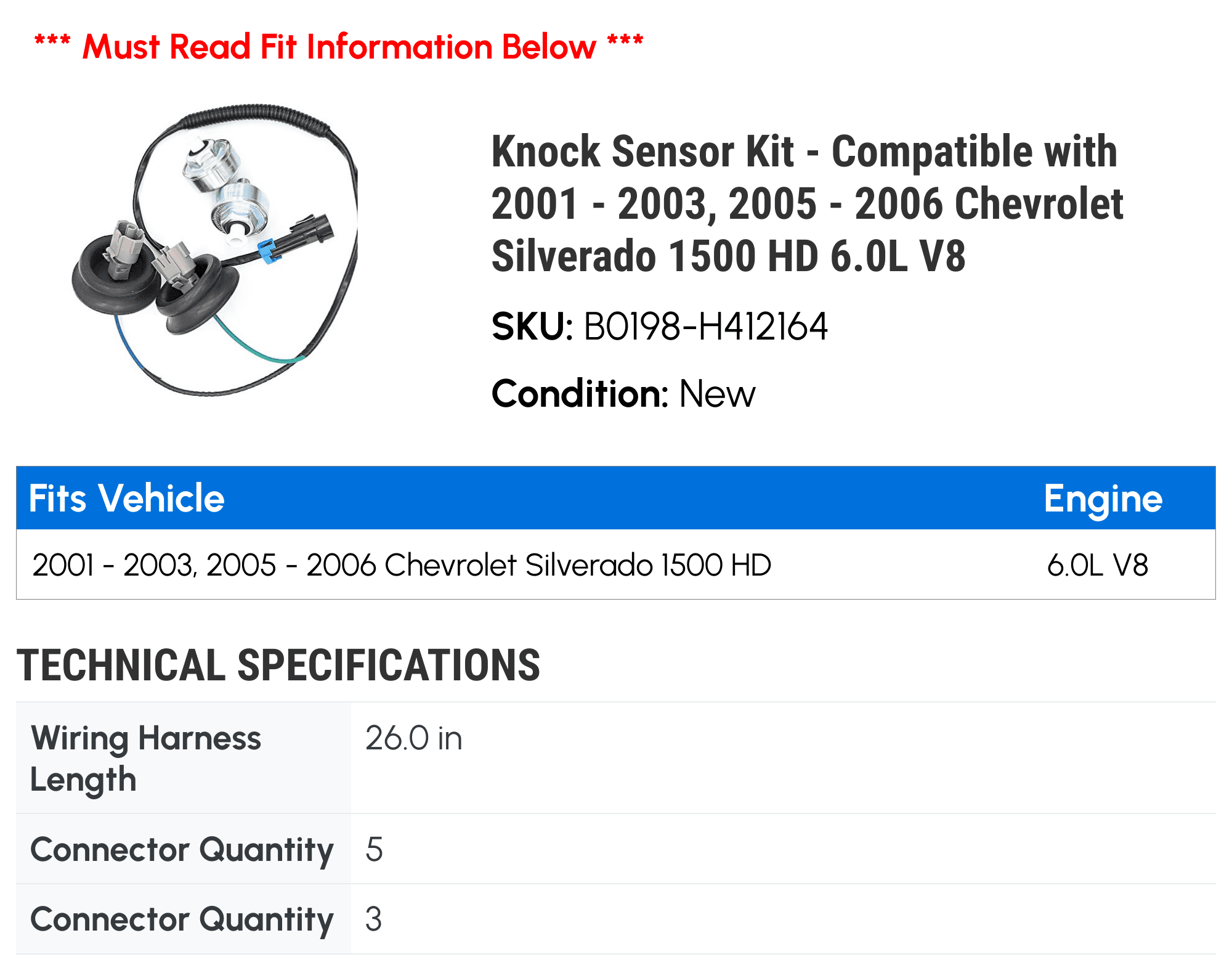 Knock Sensor Kit - Compatible with 2001 - 2003, 2005 - 2006 Chevrolet Silverado 1500 HD 6.0L V8 - Holstein