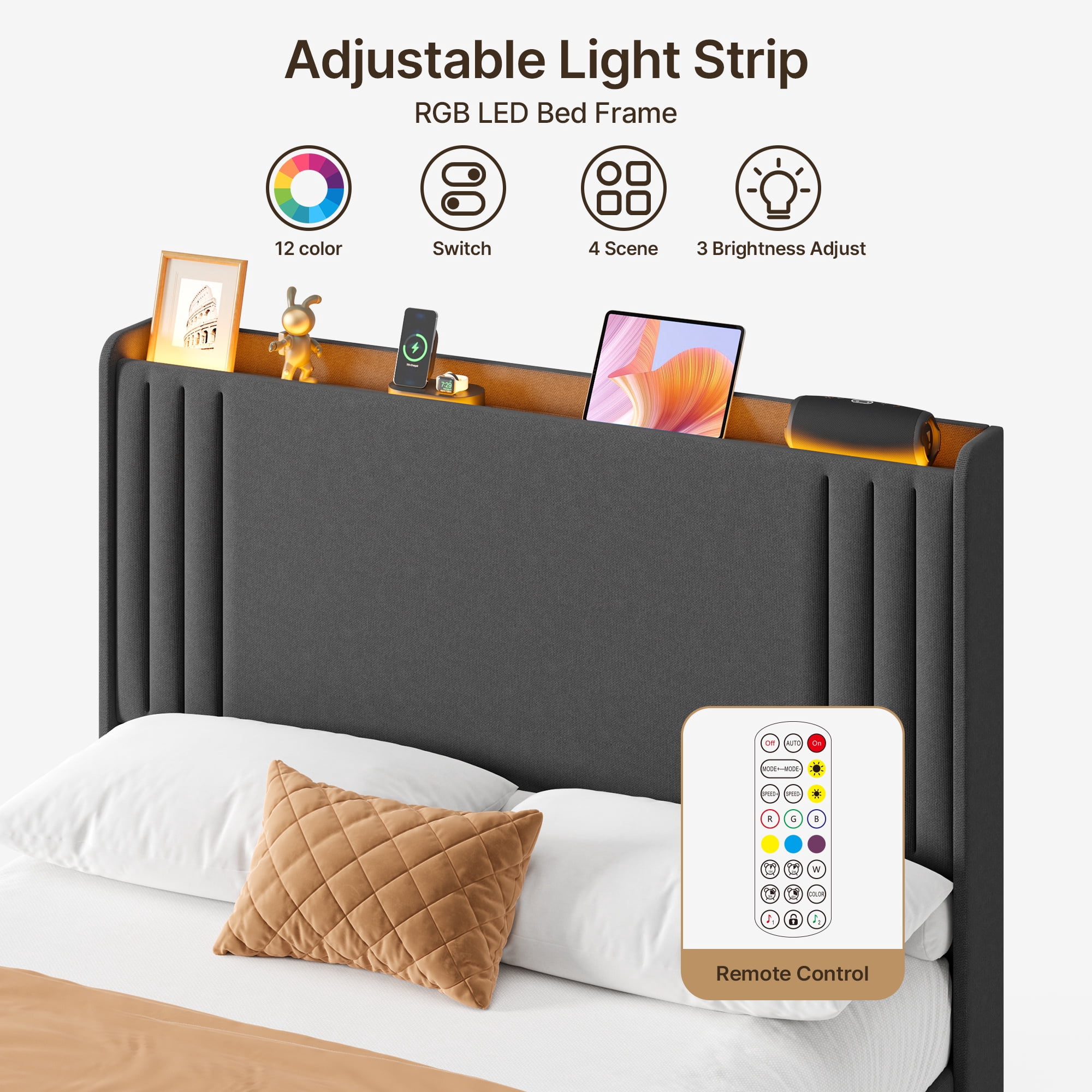 Asofer Full Bed Frame w/Upholstered Wingback, Wood Slats, Charging Station & LED Lights, Dark Gray