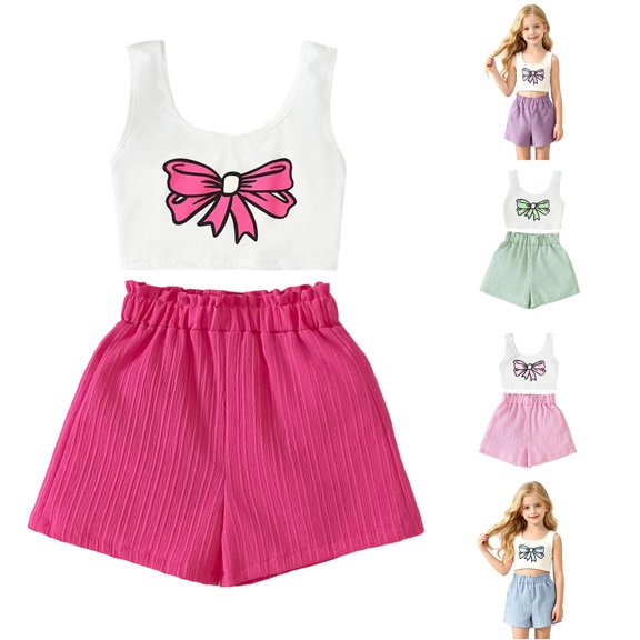 CUZIBR Child Summer Girls Outfit Sets 2 Piece O-Neck Cute Sleeveless Tops And Shorts Casual Playwear Breathable Toddler Kids Clothing Sets,Hot Pink,7-8 Years