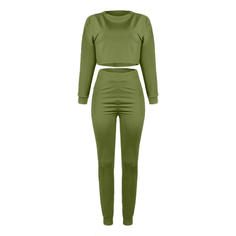 XIAOFFENN Sweatsuits Workout Outfits Women'S Fashion O-Neck Full Sleeve  Sweater Pocket Pants Two-Piece Set Vintage Sweatsuit Set Green Yoga Set  Clearance 