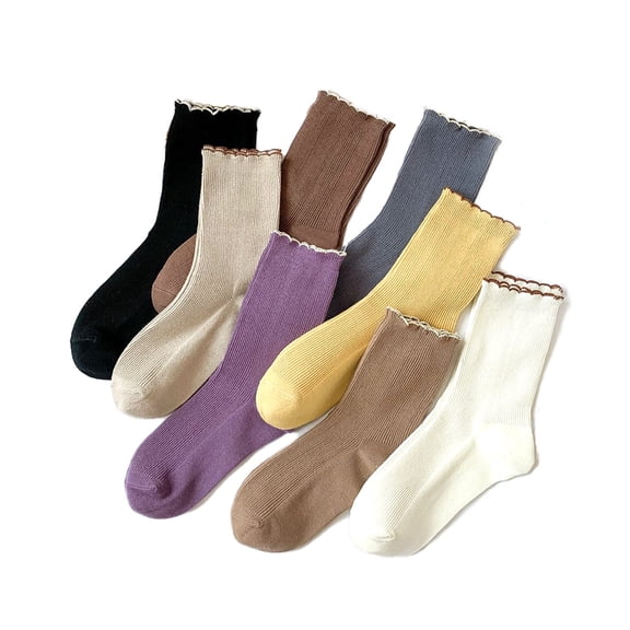 8 Pairs of Cotton Crew Size Socks for Women in All Season, Ruffle Turn-Cuff Thin Knit Lettuce Frilly Sock