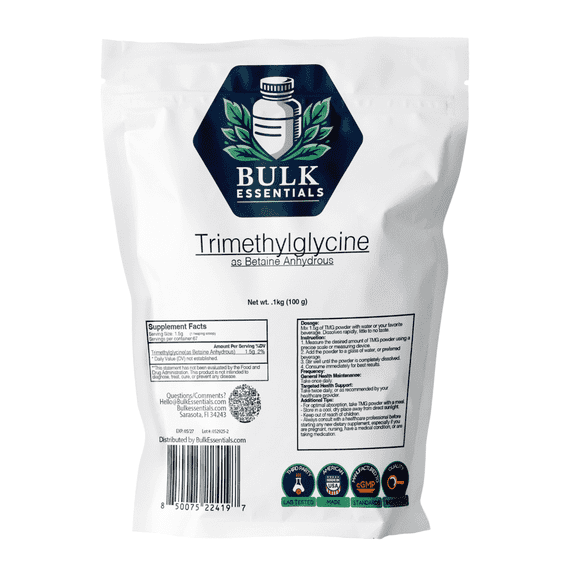 Bulk Essentials TMG Supplements – Trimethylglycine as Betaine Anhydrous for Homocysteine Levels & Active Lifestyles – 100g Unflavored USA Made Powder Free from Gluten & GMO – 1.5g Per Serving