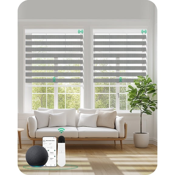 Allesin Motorized Zebra Blinds with Remote | Electric Dual Layer Light Contorl Shades, Cordless Smart Blinds for Living Room, Bedroom, Home Office (Light Gray, 36"W x 72"H)