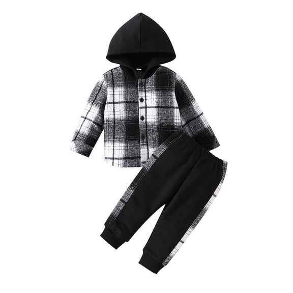 Baby Boys Casual Pants Sets Hooded Plaid Sweatshirt Top Pants Outfits Infant Boy Long Sleeve Sets 0-2Years