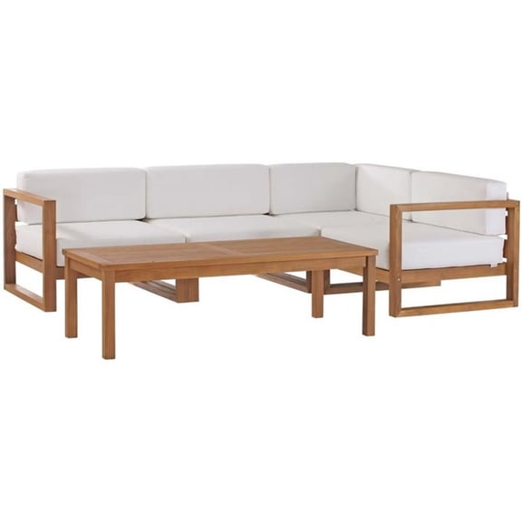 Pemberly Row 5-Piece Teak Wood Patio Sectional Sofa Set in Natural and White