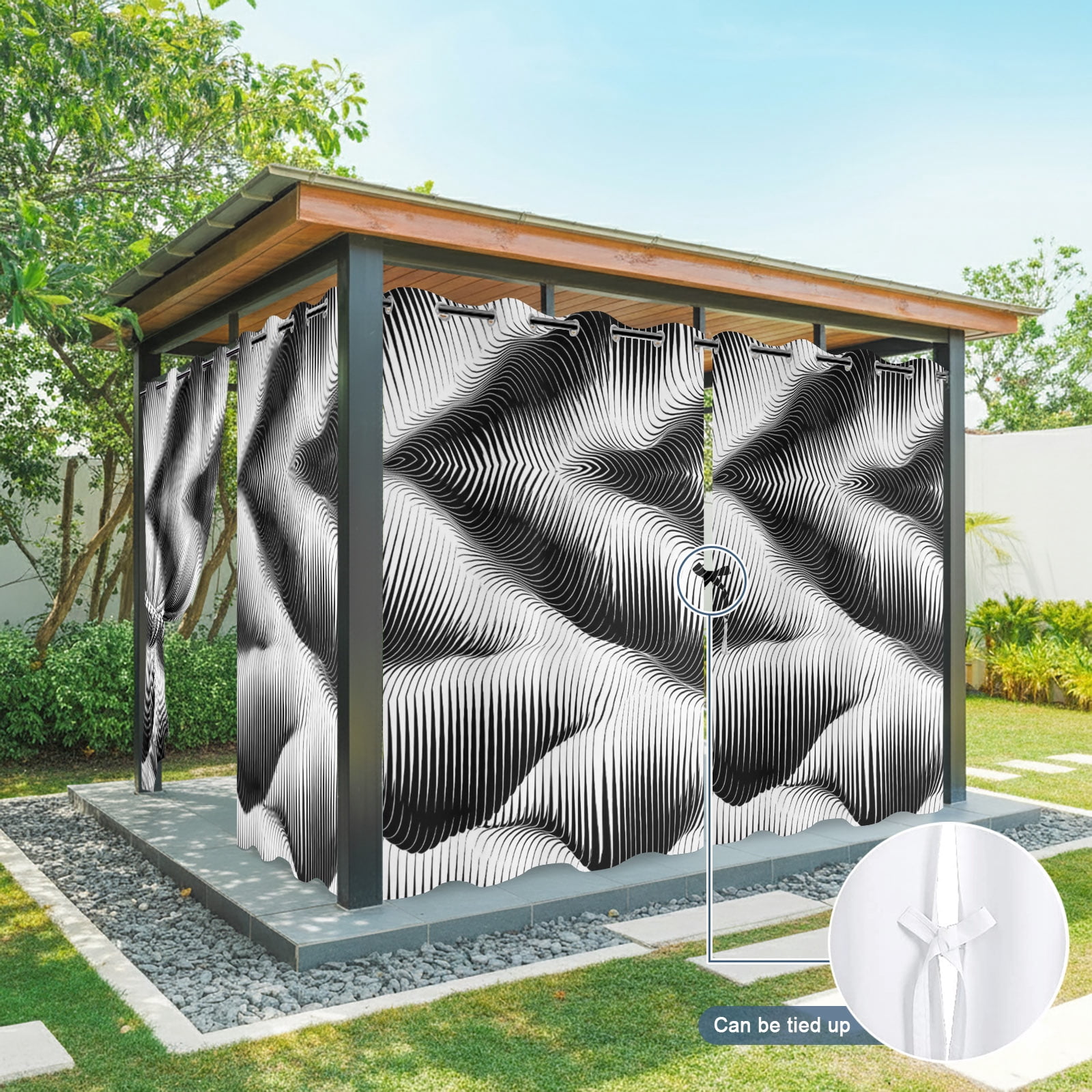 Abstract Hills Outdoor Curtains for Patio, Geometric Modern Curves Black White Sunshade Privacy Drapes Grommet Waterproof Outside Curtains for Porch/Cabana/Balcony 54"x 108", 1 Panel