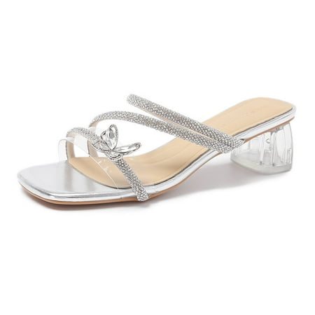 

Fashion Bow Rhinestone Slippers Women‘s Thick Heel Joker Elegant Sandals Fairy Crystal Middle Heel Shops 33-40