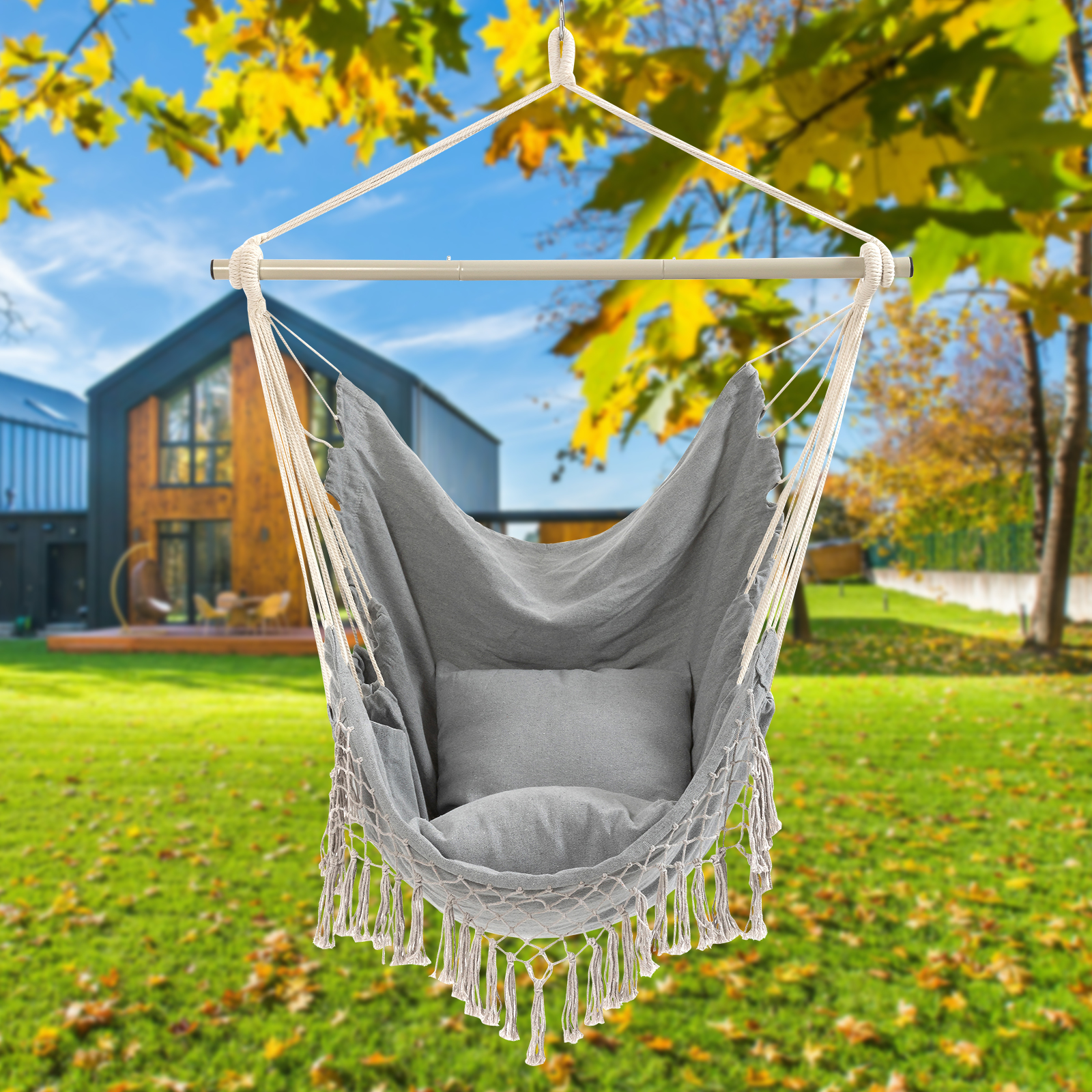 YAERSI Sturdy Lightweight Comfortable Hanging Rope Swing with Cushions, Gray
