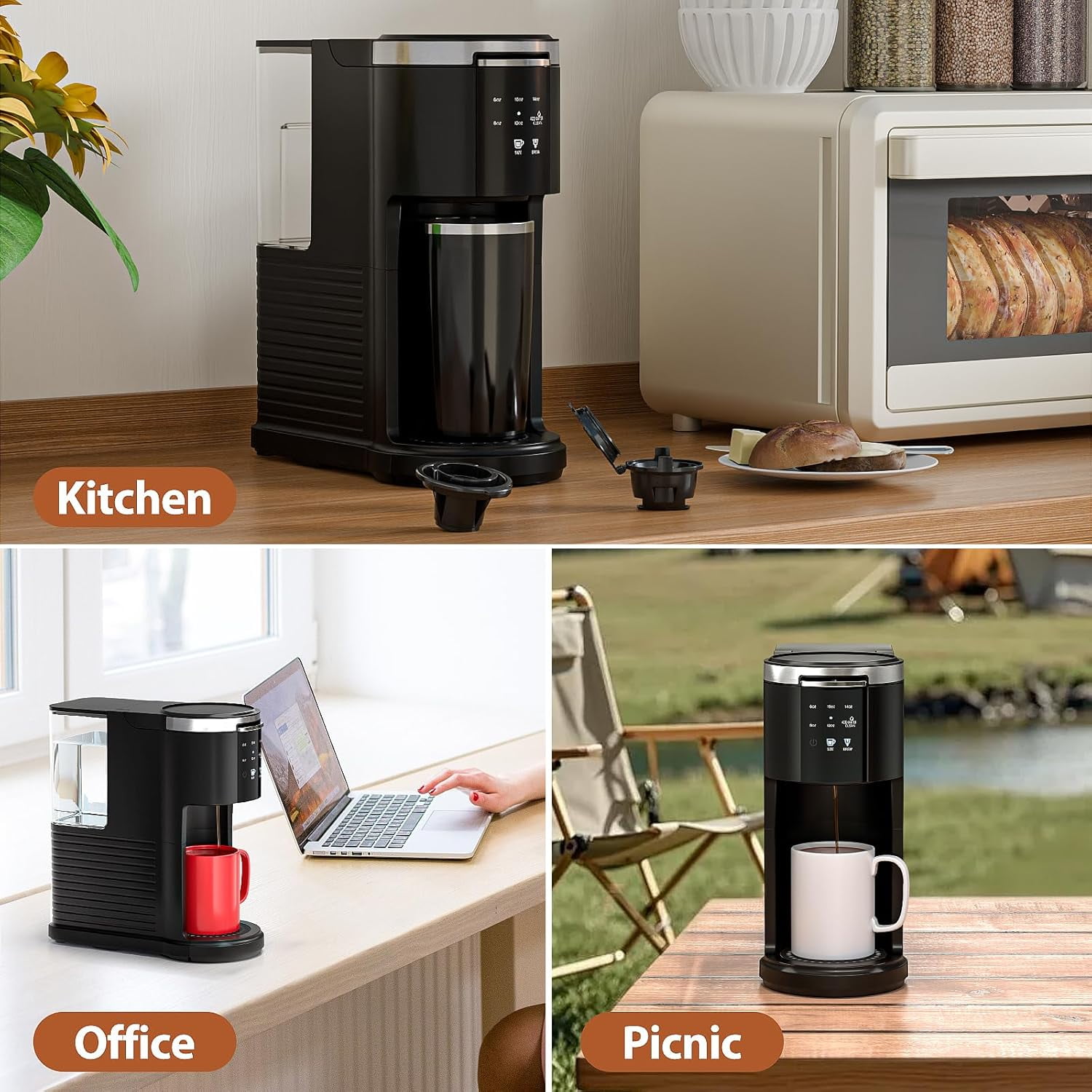 WAA 2 in 1 Single Serve Coffee Maker,Cup/Ground Coffee, 6-14 Oz, 40oz Tank, Auto Clean, Black