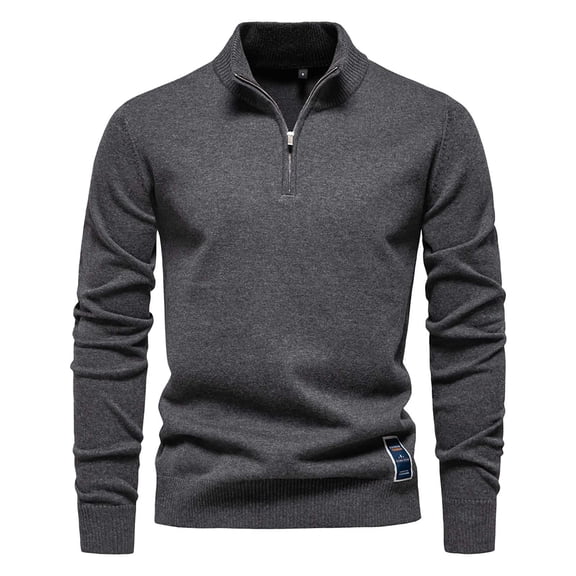 GBSYEWXS Men Pullover Sweaters Long Sleeve Zip-Up Daily Wear Solid Color Thermal Dark Gray Collared Sweater